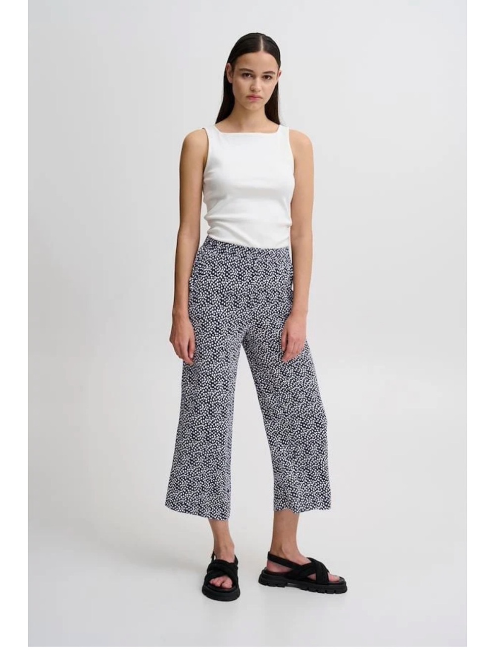 ICHI Marrakech Pants Polka Dot Cropped Wide Leg Medium Flowy Lightweight Blue
